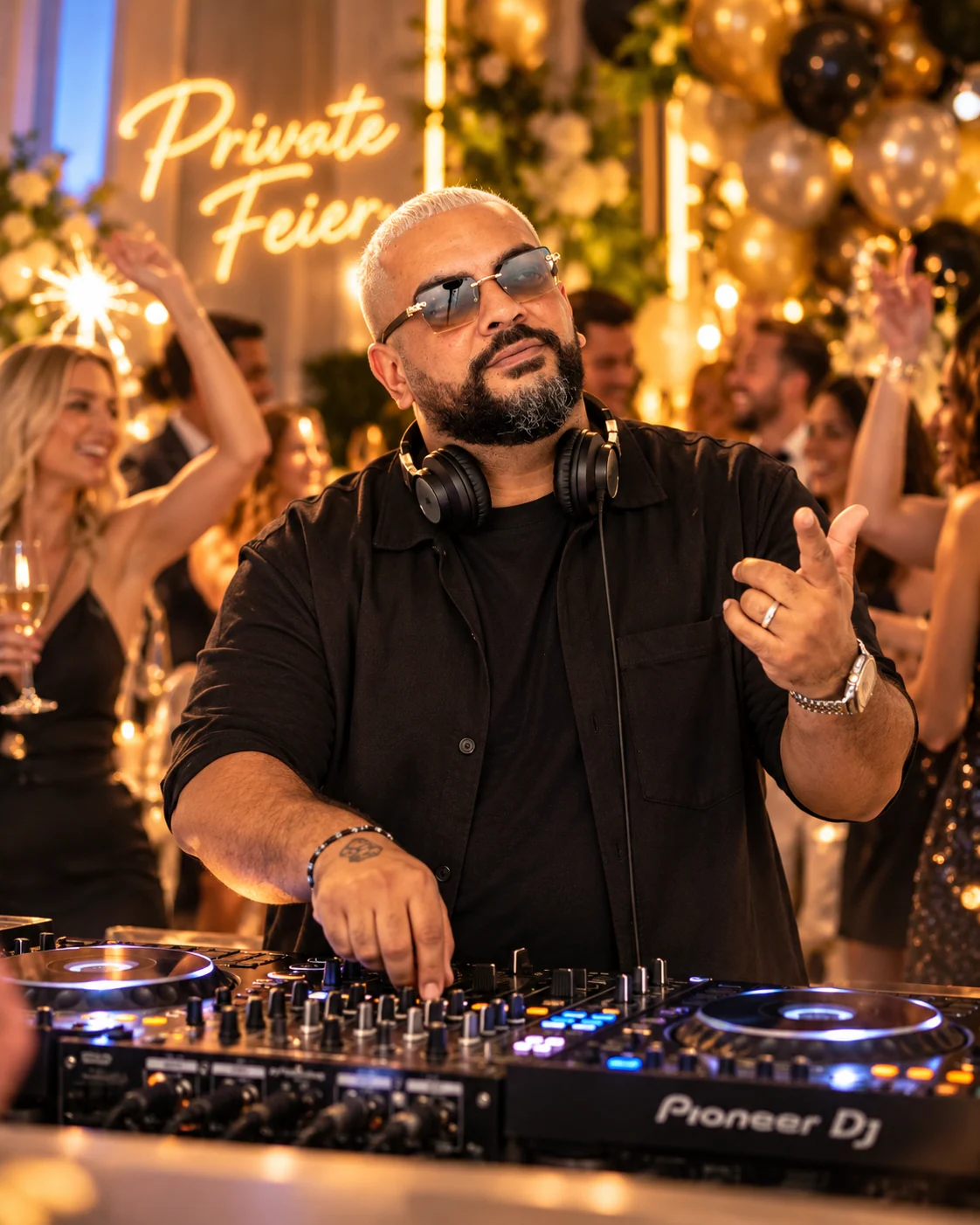 DJ Kais Ben am DJ-Pult bei einer privaten Feier mit tanzenden Gästen